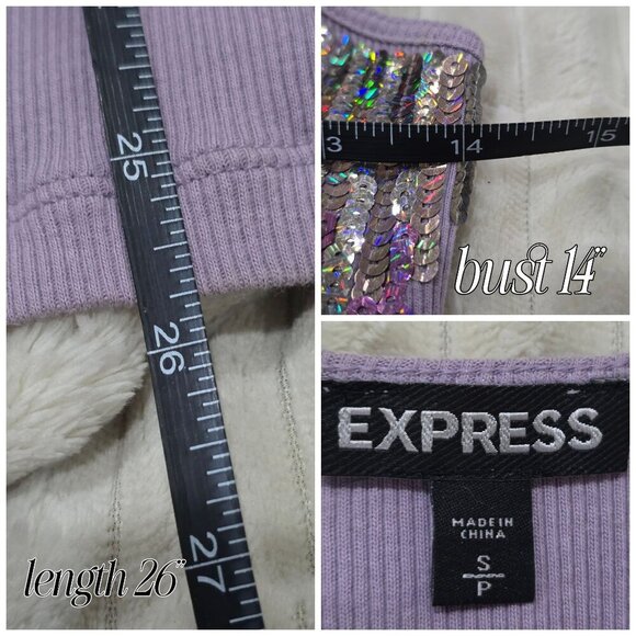 Express Purple Sequin Tank Top S – Scoop Neck Ribbed Stretch NWOT Twilight Glam - Picture 9 of 9
